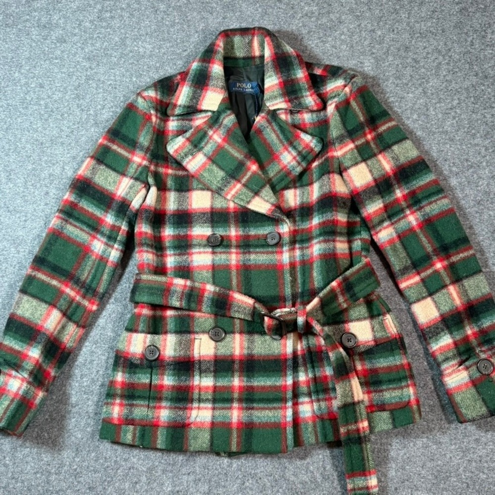 Polo Ralph Lauren Plaid Wool Cropped Huntsman Peacoat Jacket Belted Sz 0 Lux NWT